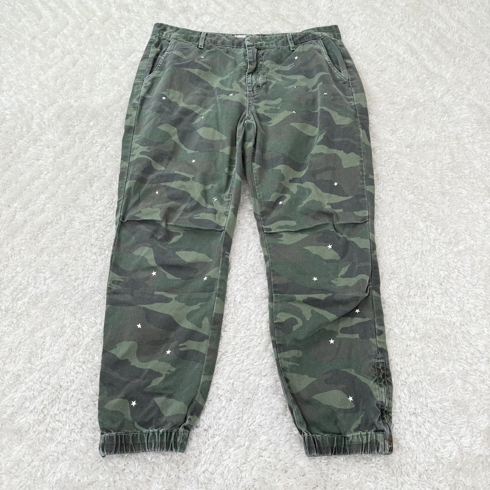 Sundry Pants Womens 29 Green Camo Jogger Star Print Tapered Zip Hem USA Cotton